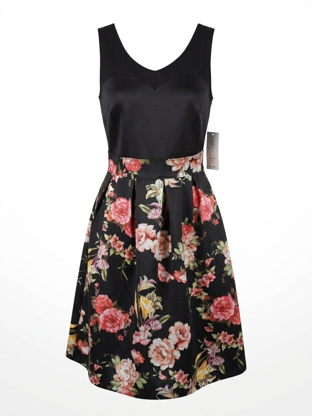 Enfocus Studio Black Sleeveless Midi Dress with Pink Floral Skirt